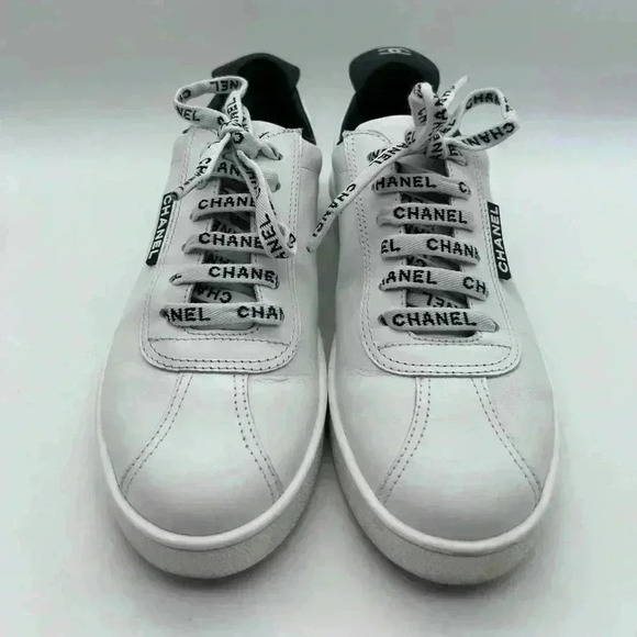 Chanel White Leather Casual Sneakers: Women's Size 36.5 Logo Laces CC - Picture 2 of 13